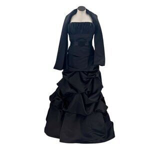 Black Three-Piece Formal Gown with Sash Natural Waist Draped Skirt Size 13/14
